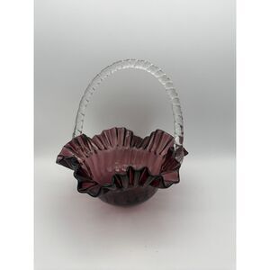 Vintage Amethyst Purple Ruffled Glass Basket with Clear Handle Dish
